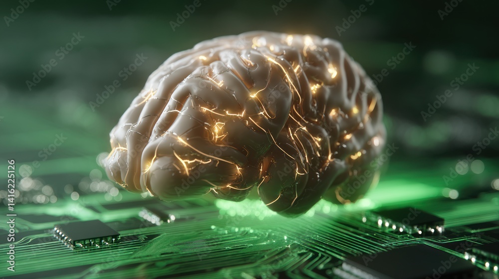 Poster a conceptual image depicting a brain on a microchip, symbolizing the intersection of neuroscience an