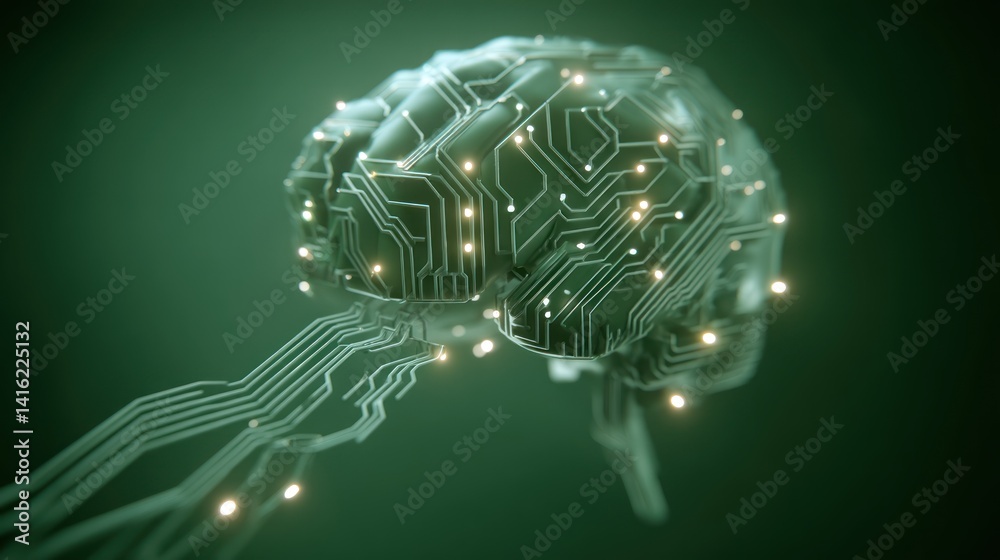 Poster a conceptual image of a brain with circuit patterns, symbolizing the fusion of technology and human 