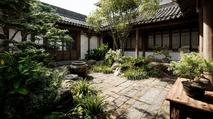 Fototapeta premium Tranquil Asian courtyard garden with traditional architecture.