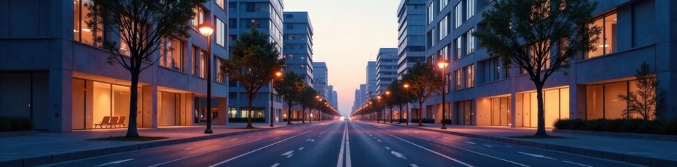 Obraz premium Minimalist cityscape with modern architecture and empty streets at dusk, contemporary architecture, nighttime