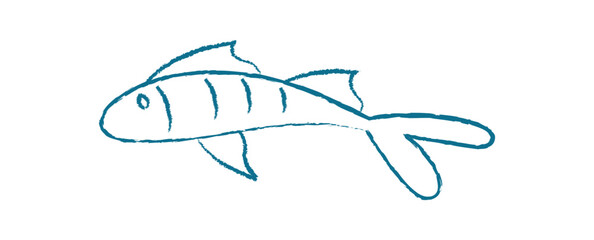 Round fish silhouette doodle. Aquatic creature in a playful style. Underwater scene, marine life, summer vibe, suitable for aquarium logos or playful icons. Chalk and crayon style