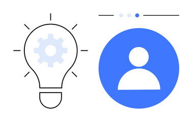 Fototapeta premium Lightbulb with gear inside symbolizes innovation next to a user icon in a circle, suggesting personalization. Ideal for creativity, technology, problem-solving, development, user interface, teamwork