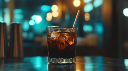 Iced Cocktail with a Straw on a Bar Counter at Night