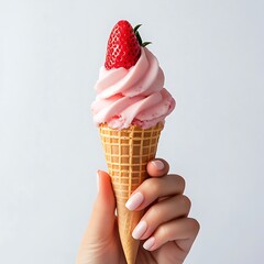 
A hand holding a waffle cone filled with pink strawberry soft serve ice cream.