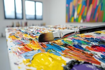 Fototapeta premium A close-up of a vibrant palette with a brush, showcasing vivid paints and textures.