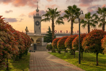 View of Sochi Railway Station on a sunny summer day, Sochi, Krasnodar Territory, Russia
