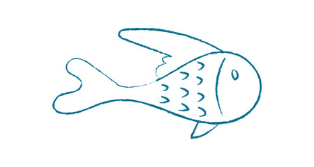 Aquatic fish silhouette. Cartoon representation of a swimming creature. Underwater world, doodle style, potential for use as an icon or logo. Chalk and crayon style
