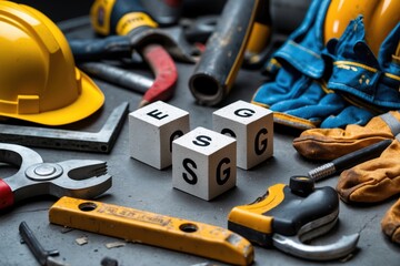 Fototapeta premium An assortment of construction tools and safety equipment arranged on a workbench with three block letters.