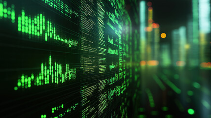 Stock market screen showing financial data with a city background representing trading activity