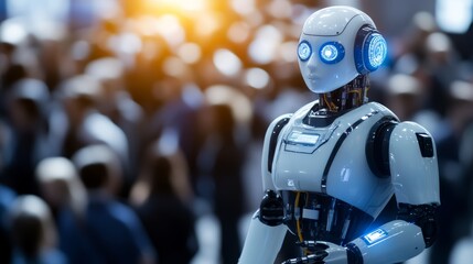 Naklejka premium Futuristic robot stands out in a crowd: artificial intelligence engineering and technology meet humanity within a blurry background highlighting individuality and innovation