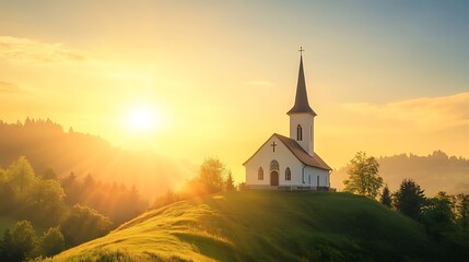 Picturesque church with a steeple, bathed in golden sunlight atop a hill, symbolizing serenity, faith and natural beauty.