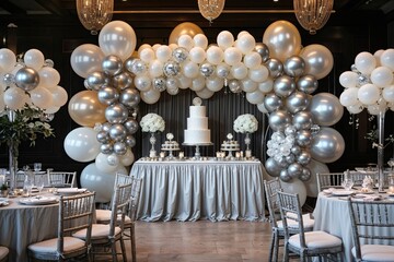 Stylish Ivory and Silver Balloon Backdrop for Celebratory Occasions