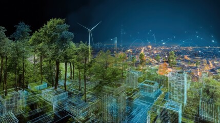 Smart city technology and nature integration collage showing trees, data grid, wind turbine, green roofs, and urban planning elements with holographic lighting