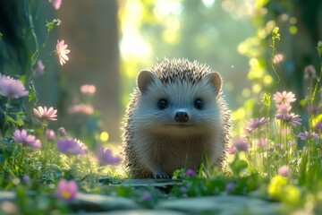 Curious Hedgehog in Blooming Meadow Nature Photography Sunny Close-Up Perspective