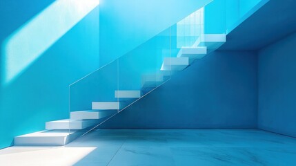 Obraz premium minimalist stairway in monochromatic blue tone bathed in light creating a serene and modern architectural visualization showcasing ascending elevation