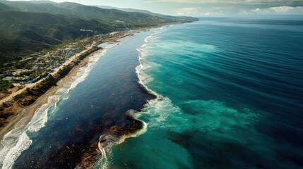 Aerial view of coastline with polluted water on left side and clean ocean on right, stylized with text space