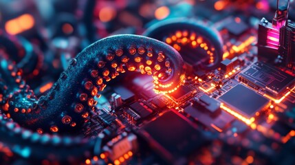 Mechanical tentacle assembling circuits: futuristic technology and artificial intelligence concept glowing circuit board detail with robotic arm digital transformation background for tech and science 