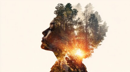 Woman silhouette filled with a thriving forest and sunlight rays, nature and humanity unity concept, warm artistic composite
