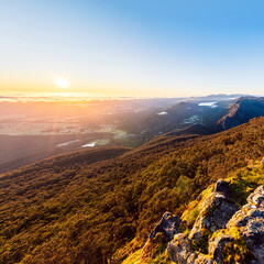 Beautiful sunrise view above Halls Gap while viewed from Boroka Lookout, Grampians, Victoria, Australia