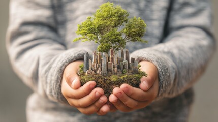 A child holding a seedling in hands with a lush future city growing inside the plant, symbolic green future concept art