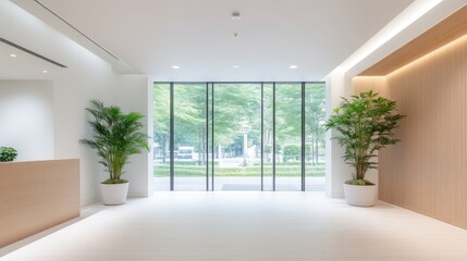 Fototapeta premium Modern, bright office lobby with large windows overlooking a park-like setting