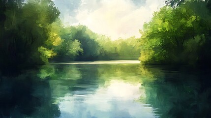 A serene waterway reflects the lush surrounding trees, painted with a soft, impressionistic style.