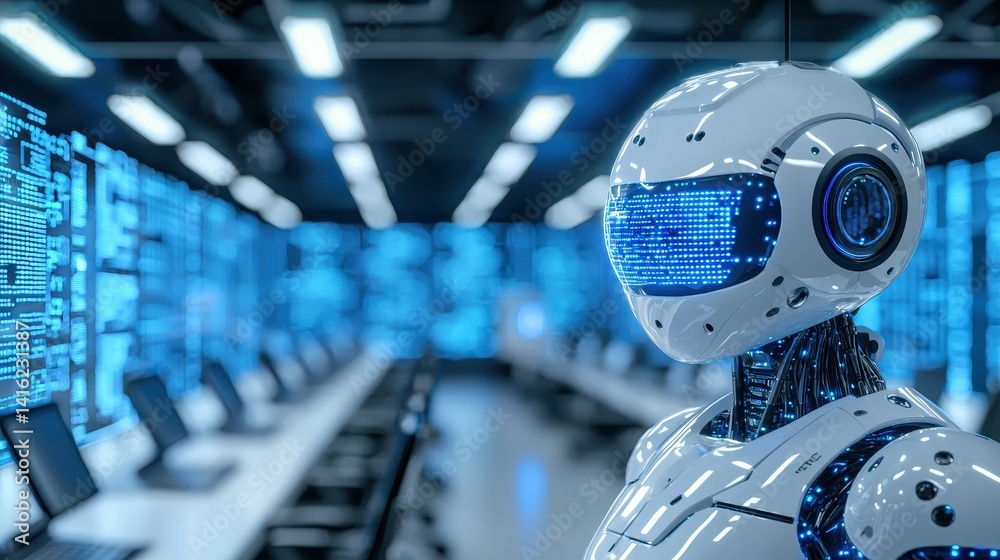 Poster futuristic humanoid robot with a glowing data display in a tech environment.
