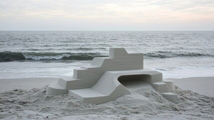 Geometric sandcastle art: abstract beach architecture with clean design soft lighting and serene ocean background summer fun on the coast 