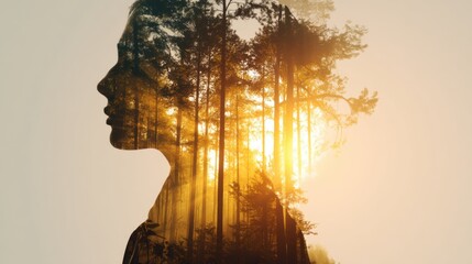 Woman silhouette filled with a thriving forest and sunlight rays, nature and humanity unity concept, warm artistic composite