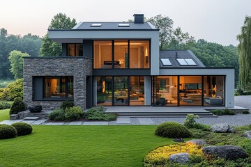 Modern house with large garden and green grass lawn, gray walls, on a sunny day in Poland.