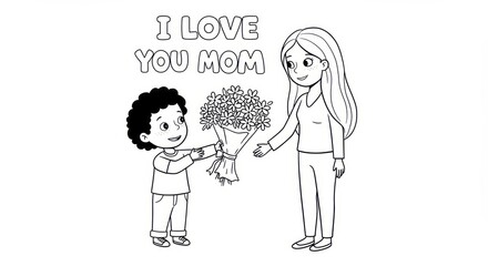 Adorable little boy gives a bouquet of flowers to his mom for Mother's Day with love and affection in a sweet heartwarming moment