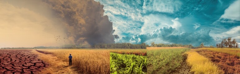 Juxtaposition collage of climate change effects on agriculture: drought, flood, healthy crops, farmers adapting with tech, blended sky, copy space