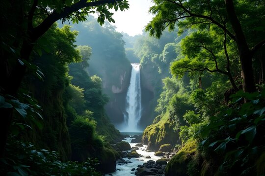Lush rainforest canopy with a waterfall in the background