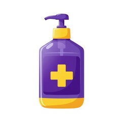Fototapeta premium Purple hand sanitizer pump bottle with yellow medical cross, antibacterial gel dispenser illustration, antiseptic soap container for hygiene