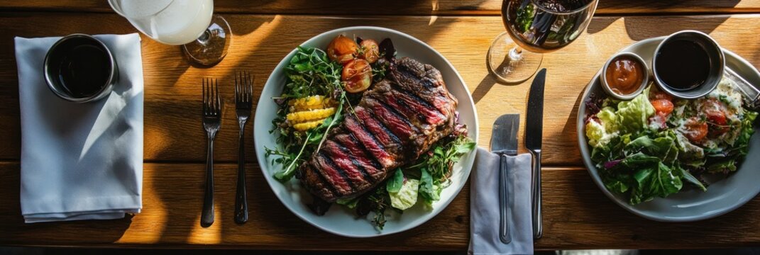 Elegant steak dinner presented on wooden table with bright window light - Powered by Adobe