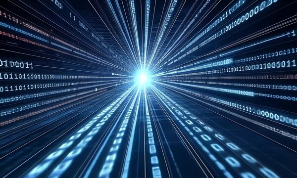 Abstract blue background with glowing lines and binary code, a vector illustration of an abstract futuristic design with a flowing data stream on a dark blue background.