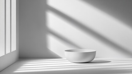 Minimalist white room with bowl, sunlit shadows.