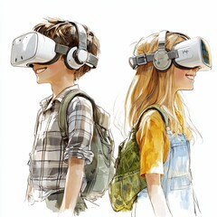 Kids Enjoying Virtual Reality Experience with Headsets on Their Heads