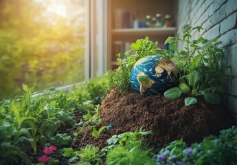 Earth Globe Nestled in Lush Potted Plants by Window Sustainable Gardening Concept