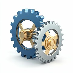 Blue and Gold Gears Interlocking in a Clean White Background