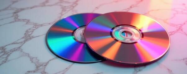 Pop art inspired CDs and DVDs sliding on a marble surface, music, shiny