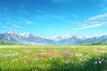 A vibrant field of flowers with mountains and a bright blue sky in the background landscape scene