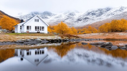 Fototapeta premium White cabin by a tranquil lake, autumnal mountains