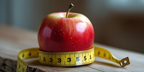 Close-up of a fresh red apple with a yellow measuring tape wrapped around it, symbolizing healthy eating, weight loss, and balanced nutrition on a wooden table

