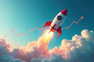 Rocket soaring through the sky with a growing chart in the background, growth, business