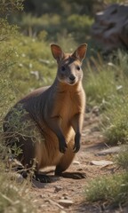 Naklejka premium Rock wallaby grazing amongst sparse vegetation, fauna, plant
