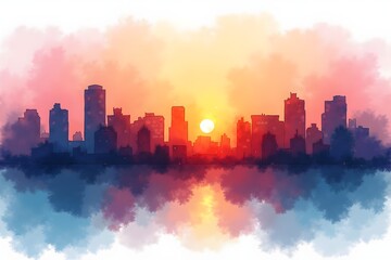 Fototapeta premium Sunset City Skyline in Blended Watercolor Tones