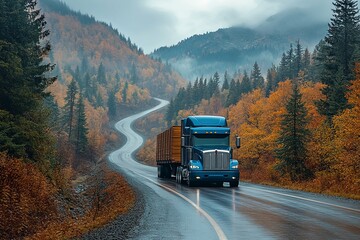 A blue semi truck driving along a winding autumn road