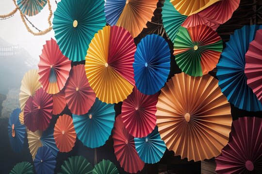Vibrant Colorful Paper Fans Creating a Hazy Artistic Celebration Backdrop