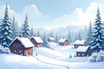 Fototapeta premium Dreamy Snow-Covered Village in Soft Watercolor Style